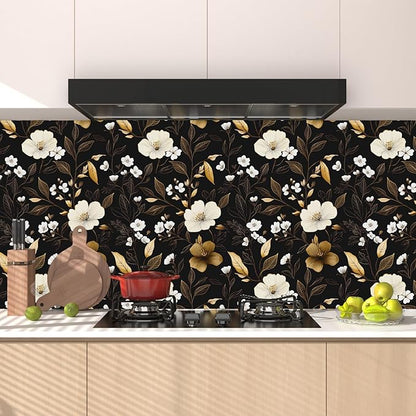 Black Gold Floral Wallpaper Peel and Stick 17.4" X 118" Golden Leaf Small Flower Contact Paper Floral Pattern Removable Self Adhesive Covering for Bedroom Cabinet Bathroom Home Decor Black Dark