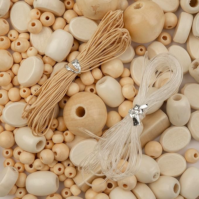 John Bead 90g Craft Beads Assorted Natural Colors Wood Beads with Elastic Nylon Cord