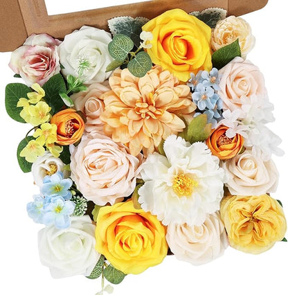Artificial Flowers Combo Box Set Artificial Bouquets Wedding Flowers Faux Orange Flowers Roses with Stems for Wedding Centerpieces Party Home Decor