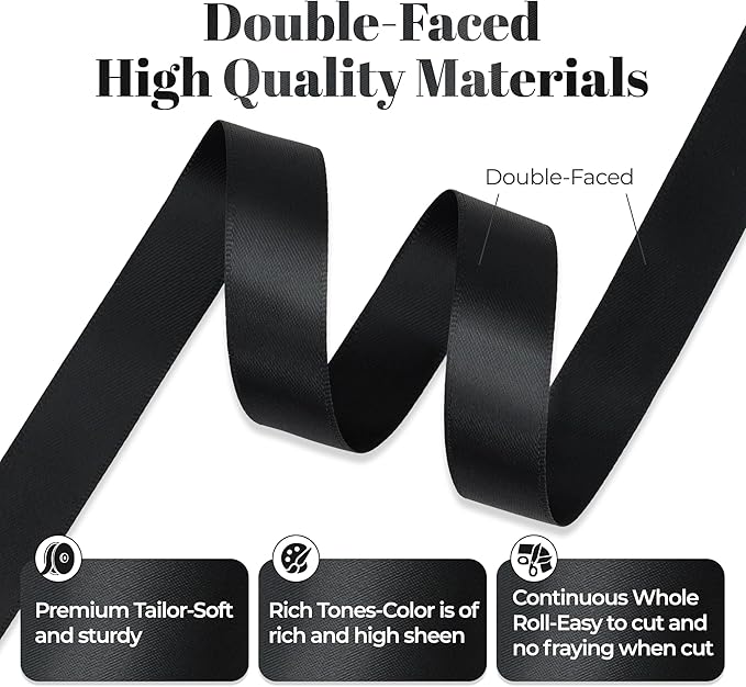Premium Double Faced Satin Ribbon, 5/8 Inch X 50 Yards, Black, Perfect for Gift Wrapping, Crafts, Wedding Decor
