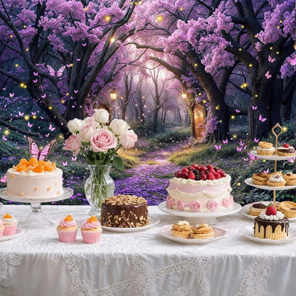 12X10ft Enchanted Forest Backdrop Fairy Tale Purple Wonderland Garden Tree House Floral Butterfly Photography Background for Kids Girl Baby Shower Birthday Party Decoration Banner Booth Props