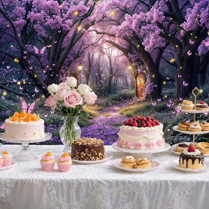 20X10ft Enchanted Forest Backdrop Fairy Tale Purple Wonderland Garden Tree House Floral Butterfly Photography Background for Kids Girl Baby Shower Birthday Party Decoration Banner Booth Props