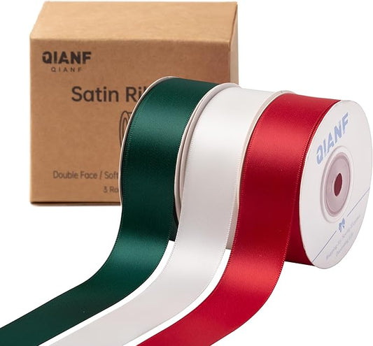 Red/Dark Green/White Double Face Satin Ribbon 1 Inch x 45 Yards Fabric Ribbon for Gift Wrapping, Flower Bouquets, Hair Bows Making, Wedding Decoration, Christmas (3 Rolls *15Yd)