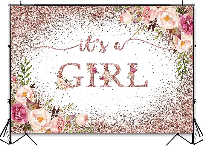 Avezano Rose Gold Baby Shower Backdrop for Girls Party Blush Pink Floral It's a Girl Baby Shower Photography Background Rose Gold Glitters Confetti Decoration Photoshoot Events Banner (10x7ft)