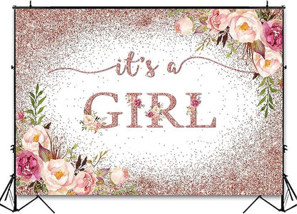Avezano Rose Gold Baby Shower Backdrop for Girls Party Blush Pink Floral It's a Girl Baby Shower Photography Background Rose Gold Glitters Confetti Decoration Photoshoot Events Banner (10x7ft)