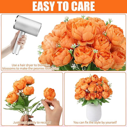8 Pack Orange Peonies Artificial Flowers, Fall Fake Silk Hydrangea Bouquet for Bridal Wedding Home Table Decor Reusable Dining Opening Ceremony Birthday Arrangement Faux Floral