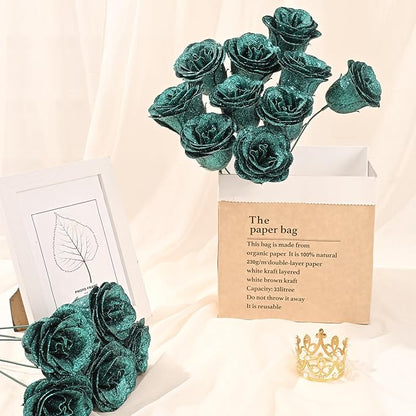 Waipfaru Glitter Roses Bouquet, DIY Fake Flowers Bouquet, Birthday Gifts for Women Mom, 24 Pcs Dark Green Rose for Wife Girlfriend Valentines, Mothers Day, Anniversary, Graduation
