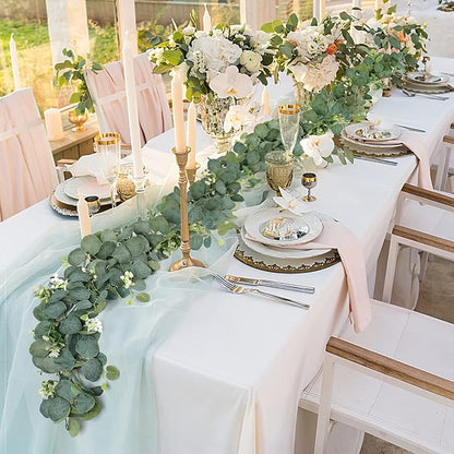 TOCHGREEN 2 PCS Artificial Eucalyptus Garland 5.9FT Faux Silver Dollar Greenery Garland Vines with White Flower Boxwood Fake Hanging Plants for Wedding Home Party Table Mantle Wall Decor