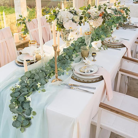 TOCHGREEN 4 PCS Artificial Eucalyptus Garland 5.9FT Faux Silver Dollar Greenery Garland Vines with White Flower Boxwood Fake Hanging Plants for Wedding Home Party Table Mantle Wall Decor