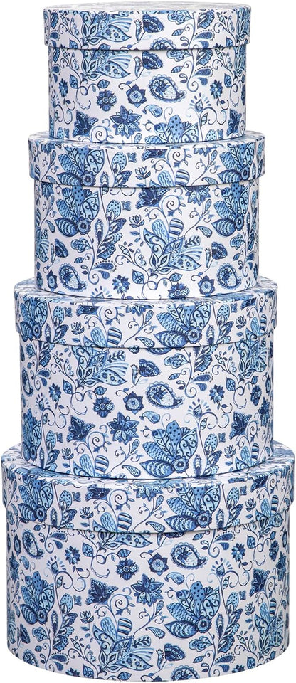 Briful Round Gift Boxes with Lids 4PCS Blue Flower Print Gift Box for Presents Nesting Assorted Sizes Present Boxes for Christmas Birthday Valentines Party Gift Wrap