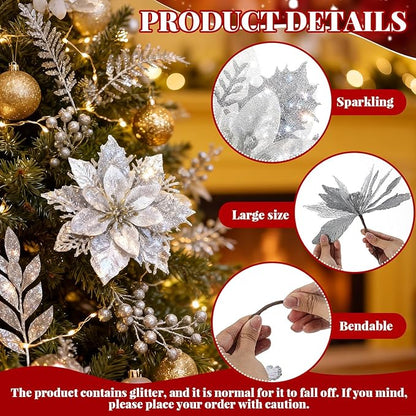 Yerliker 108 Pcs Sliver Glitter Christmas Picks and Sprays, 12 Styles Artificial Christmas Floral Berry Branches Flowers Stems for Xmas Tree Ornaments Wreath Garland DIY Vase Holiday Party Decor