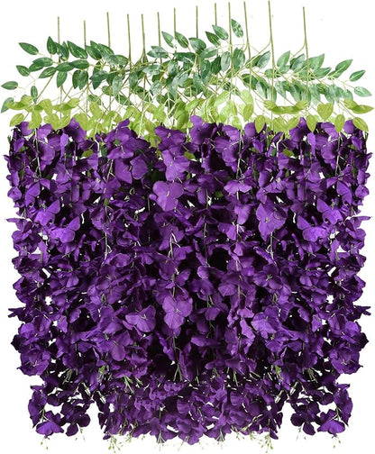 3.6ft 12PCS Artificial Wisteria Hanging Flowers Faux Wisteria Flower Vines Garland Silk Flowers Garland Fake Hanging Flowers String for Wedding, Garden, Wall Decoration (Dark Purple)