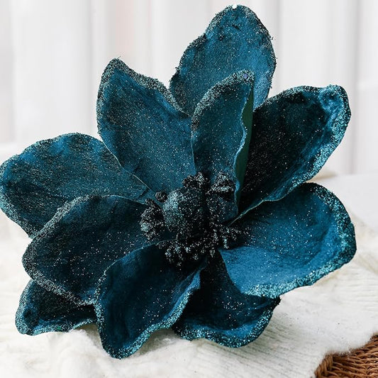 8 Pcs Large Christmas Flower Magnolia Flowers Christmas Tree Decoration Artificial Poinsettia Stems Velvet Xmas Ornaments for Xmas Tree Table Decor(Peacock Green,12 Inch)