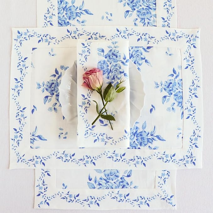 Solino Home Blue Floral Print Table Runner 120 Inches Long - 100% Pure Linen Table Runner 14 x 120 Inch - Handcrafted and Machine Washable - Jolie Fleur Print