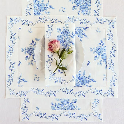 Solino Home Blue Floral Print Table Runner 120 Inches Long - 100% Pure Linen Table Runner 14 x 120 Inch - Handcrafted and Machine Washable - Jolie Fleur Print