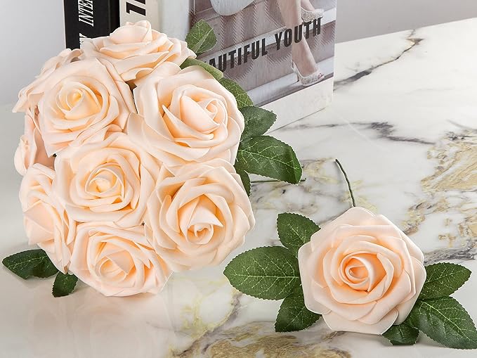Artificial Flower Foam Rose 25pcs Real Looking Fake Rose with Stems Leaves for Home Decoration Party Garden Centerpieces DIY Wedding Bouquets（Blush）
