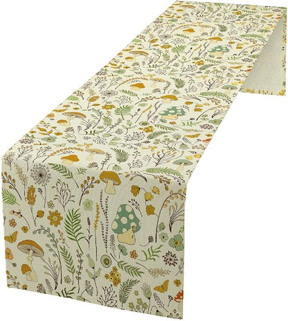 Wild Mushroom Table Runner, Vintage Botanical Rustic Retro Wildflower Herbs Plants Green Mushroom Table Cover for Home Kitchen Dining Decor Indoor Outdoor Party, 13x70inch