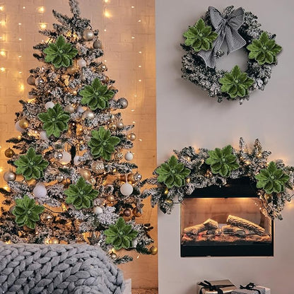 8 Pcs Large Christmas Flower Magnolia Flowers Christmas Tree Decoration Artificial Poinsettia Stems Velvet Xmas Ornaments for Xmas Tree Table Decor (Forest Green,12 Inch)