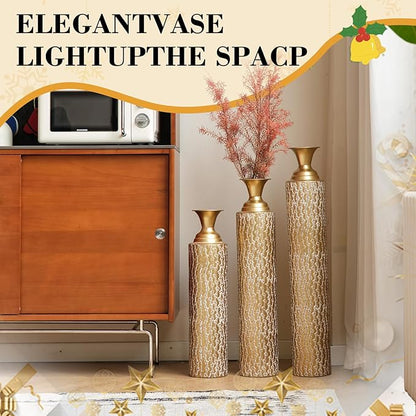 Floor Oversized Gold Metal Decorative Vase with 3D Triangle Pattern Set of 3 Large Vases for Home Living Room 33.5 ", 29.5 ", 25.2" High (Matte Gold)