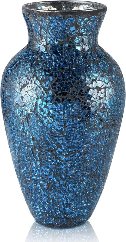 MDLUU Mosaic Vase 11" Tall, Handcrafted Cracked Glass Vase, Decorative Flower Vase for Home Decor, Wedding, Table Centerpiece, Gift (Navy Blue)