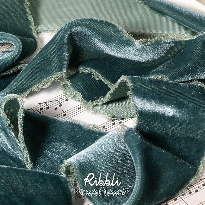 Ribbli Dusty Green Velvet Ribbon 2 Inch Handmade Frayed Vintage Steel Blue Christmas Ribbon for Gift Wrapping Christmas Tree Ornament Wreath Craft Home Decor -3 Yards