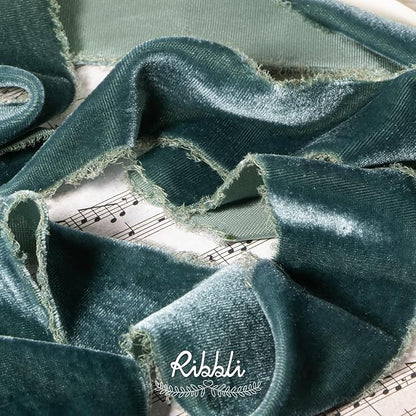 Ribbli Dusty Green Velvet Ribbon 2 Inch Handmade Frayed Vintage Steel Blue Christmas Ribbon for Gift Wrapping Christmas Tree Ornament Wreath Craft Home Decor -3 Yards