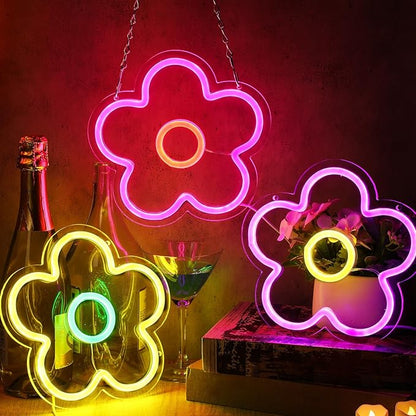 Baquler 3 Pcs Flower Neon Sign Light up Flower Sign Retro Neon LED Lights USB Powered for Wall Decor Window Bedroom Home Girls Birthday Christmas Party Decoration, 9 x 9 Inches(Stylish)
