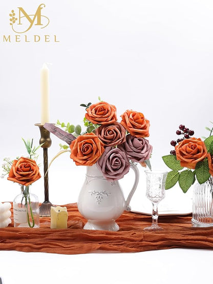 Meldel Artificial Flowers 50pcs Real Looking Burnt Orange Foam Fake Roses with Stems for DIY Wedding Bouquets Bridal Shower Centerpieces Floral Arrangements Home Decorations Crafts