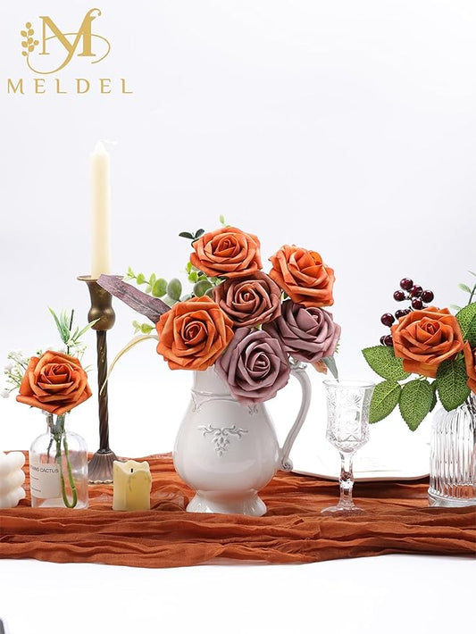 Meldel Artificial Flowers 50pcs Real Looking Burnt Orange Foam Fake Roses with Stems for DIY Wedding Bouquets Bridal Shower Centerpieces Floral Arrangements Home Decorations Crafts