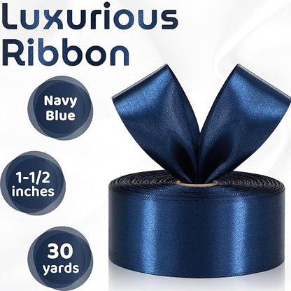 Navy Blue Ribbon 1-1/2 Inch 30 Yards Single Face Dark Blue Satin Ribbon for Bouquet Accessories Gift Wrapping Crafts Hair Sewing Wedding Christmas