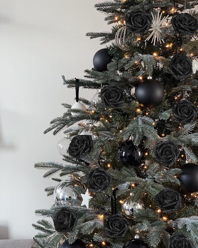 Black Glitter Roses,50PCS Fake Roses 2.76" Foam Flowers Artificial Roses Artificial Flowers for Wedding Christmas DIY Wreath Home Table Floral Arrangement(Black)