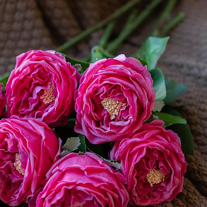 Fake Flowers for Decoration Home Decor Real Touch Artificial Flowers Austin Rose Peony Latex Fake Flower Living Room Decoration Vivid Pink Roses Peonies (Rose red 4pcs)