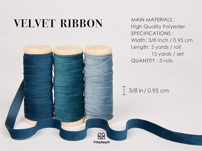 Vitalizart Blue Velvet Ribbon Set 3/8" x 15 Yd Fabric Trim Royal & Dusty Blue 3 Rolls * 5 Yd for Christmas Wreath Decoration Handmade Craft Ornaments Gift Wrapping & Bow Making