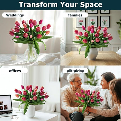 20PCS Fake Tulips Artificial Tulip Silk Flowers Fake PU Bouquet Artificial Flowers Faux Flowers with Gift Box Soft Faux Tulips Bouquets Arrangements for Party Wedding Home