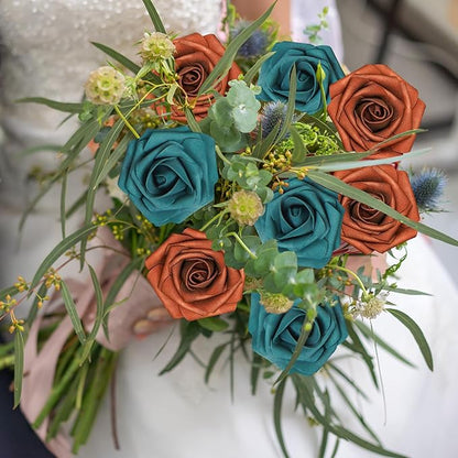 Artificial Flowers, 25pcs Artificial Rose for DIY Wedding Bouquets Centerpieces Arrangements, Terracotta and Dark Teal Foam Roses with Stem for Party Home Decorations