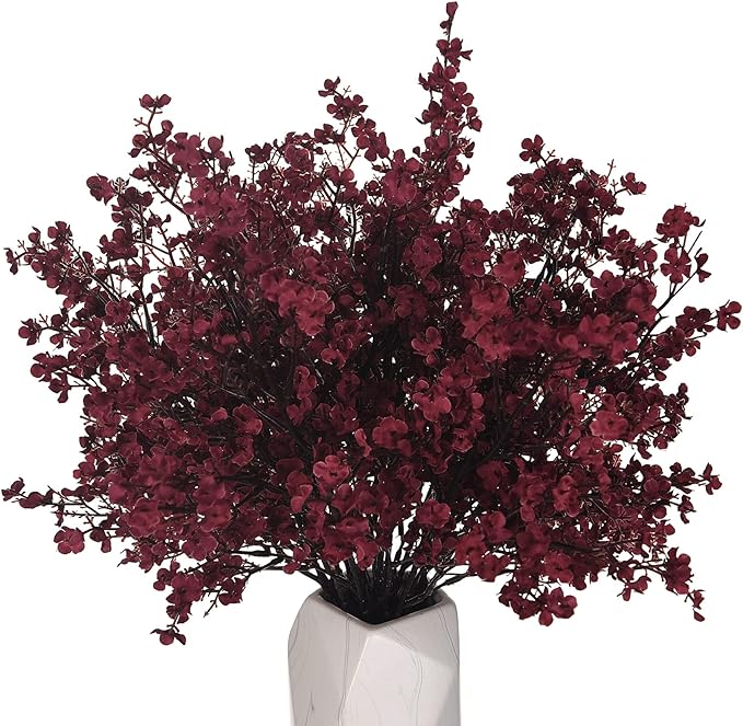 15PCS Artificial Baby Breath Flowers Fake Silk Real Touch DIY Floral Bouquets Decor Wedding Party Decoration Arrangements-Burgundy