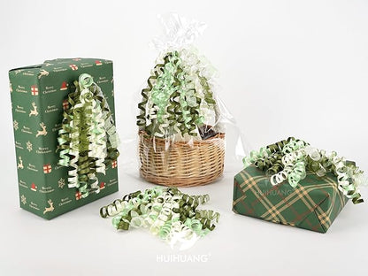 HUIHUANG Green Bows for Gift Wrapping Moss/Sage/Ivory Curly Bows with Self Adhesive & Twist Tie, 7 inch Sheer Satin Ribbon Bow for Presents, Gift Basket, Wedding Decor, Party Favors- 6 Counts