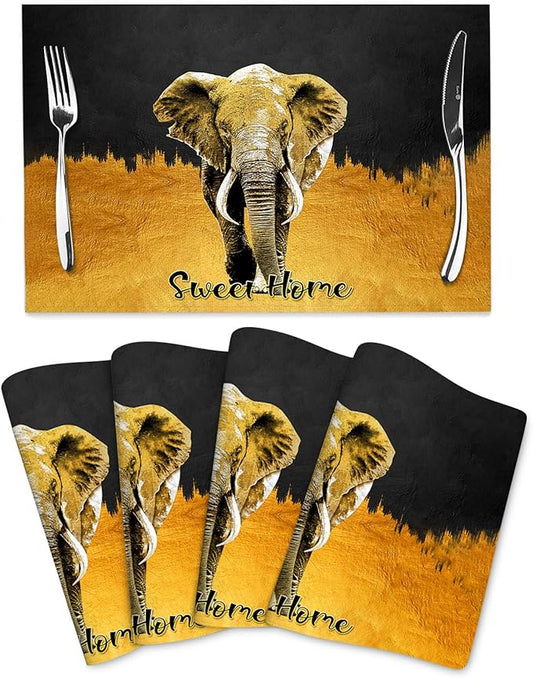 Elephant Placemats Set of 4, Black Gold Table Mats for Dining Table, Heat Resistant Washable Linen Place Mats for Home Party Kitchen Decoration 12"x18"