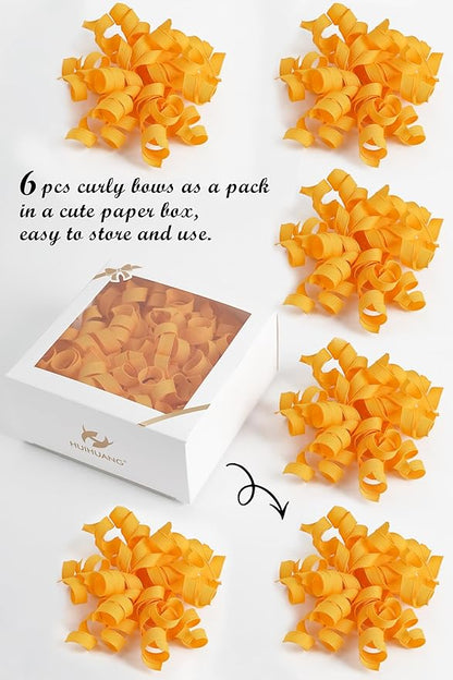 HUIHUANG Yellow Curly Ribbon Bows for Gift Wrapping, Yellow Gift Bows Self Adhesive Burst Gift Bows for Present Box, Wine Bottle, Treat Bags, Wrap Accessories, Party Favor - 6 Counts