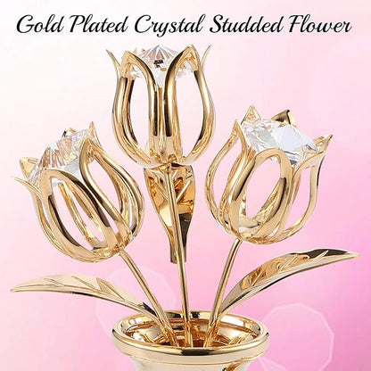 Matashi 24K Gold Plated Crystal Studded Flower Ornament in a Vase with Decorative Butterfly, Christmas, Mother's Day, Valentine's Gift, Tabletop Centerpiece (Clear Crystals)