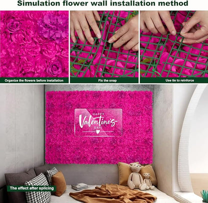 Flower Wall Backdrop 12pcs 16.5x16.5 Inch Floral Wall Panel Artificial Silk Rose Wall Decor Ideal for Wedding Celebrations, Festive Party Backdrops, and Home Decor-Bright Pink