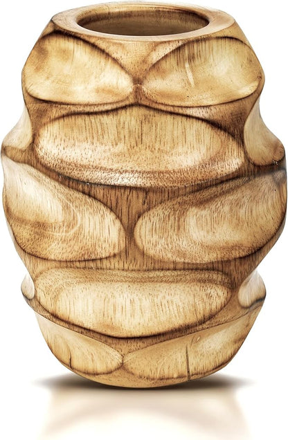 AeraVida 6.25 inch Mango Tree Hand-Carved Brown Wood Flower Vase Modern Oval Abstract Home Decor Accent Holder for Entry Table Contemporary Artistic Wooden Display | Wooden Vase | Brown Vase