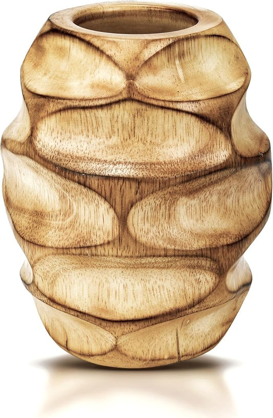 AeraVida 6.25 inch Mango Tree Hand-Carved Brown Wood Flower Vase Modern Oval Abstract Home Decor Accent Holder for Entry Table Contemporary Artistic Wooden Display | Wooden Vase | Brown Vase