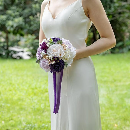ponatia Purple Wedding Bouquets for Bride Bridesmaid, Cream Wedding Artificial Roses Flowers for Wedding Bouquets Ceremony, Anniversary (Purple & Cream)