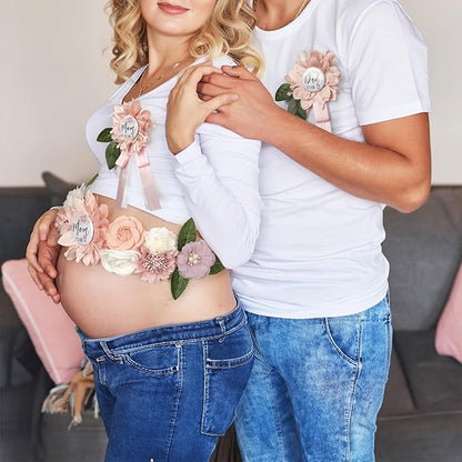 Baby Shower Maternity Sash Belly Belt-Pink Flower Sash Set Mom to Be & Dad to Be Corsage Pins for Gender Reveal