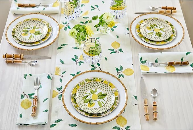 Solino Home Lemon Print Table Runner 72 Inches Long - 100% Pure Linen Table Runner 14 x 72 Inch - Machine Washable - Botanical Lemon/Off White Print