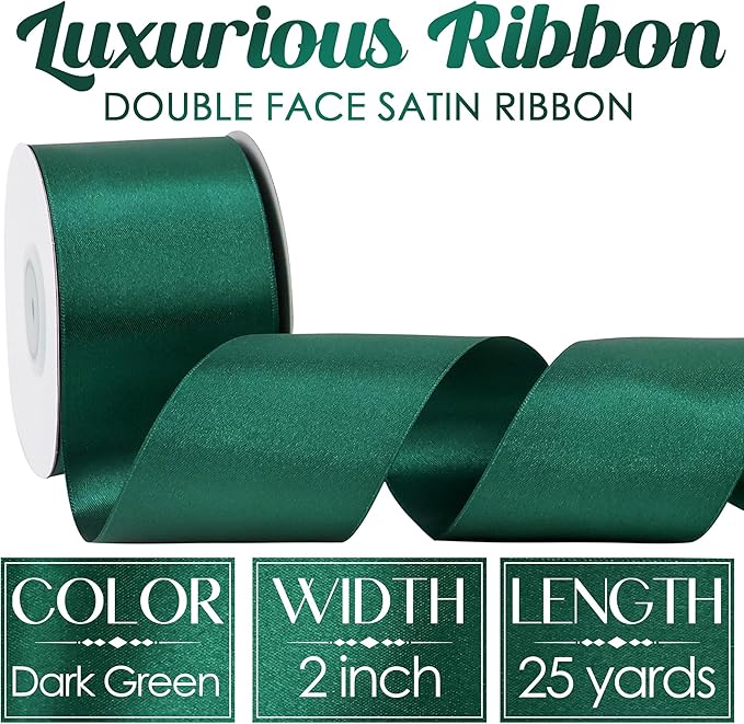 MEEDEE Dark Green Satin Ribbon - 2 inch Double Faced Satin Ribbon for Christmas Tree, Wreaths, Weddings, Flower Bouquets