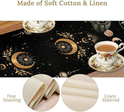 Gothic Moth Table Runner, Boho Gothic Sun Moon Phase Wildflower Mystical Witchy Farmhouse Coffee Table Center Decor for Home Kitchen Dining Patio Holiday Party Table Decorations 13x90 inches