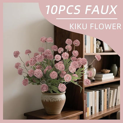 Fake Flowers 20.5In 10PCS Artificial Chrysanthemum Faux Mums Faux Flowers for Vase Fall Long Stems Flower Silk Flower for Indoor Home Decoration Kitchen Office Wedding Decoration (Red),No Vase