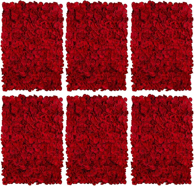 BLOSMON Flower Wall Backdrop Red - 6 Pcs 24 x 16 Inch Artificial Hydrangea Floral Panels for Wedding Party Baby Bridal Shower Decor - Fake 3D Silk Flower Backdrop Decoration